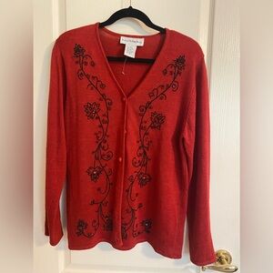 Norton McNaughton Red Cardigan with Black Floral Design